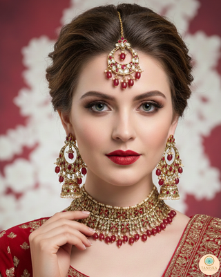 Pearly Antique Gold Necklace Set (Necklace, Earrings, Tikka) - Golden / Red