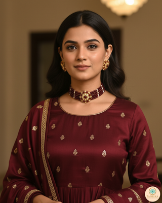 Victorian Traditional Kundan Necklace Set - Maroon