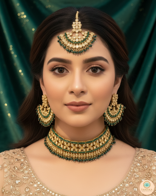 Pearly Antique Gold Necklace Set (Necklace, Earrings, Tikka) - Golden / Emerald Green