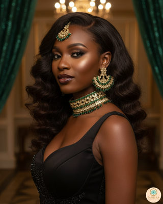 Pearly Antique Gold Necklace Set (Necklace, Earrings, Tikka) - Golden / Emerald Green