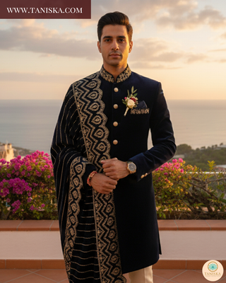 The Royal Navy | Striped Velvet Zardosi Groom’s Shawl