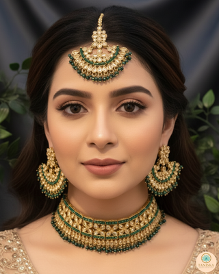 Pearly Antique Gold Necklace Set (Necklace, Earrings, Tikka) - Golden / Emerald Green