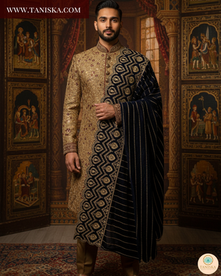 The Royal Navy | Striped Velvet Zardosi Groom’s Shawl