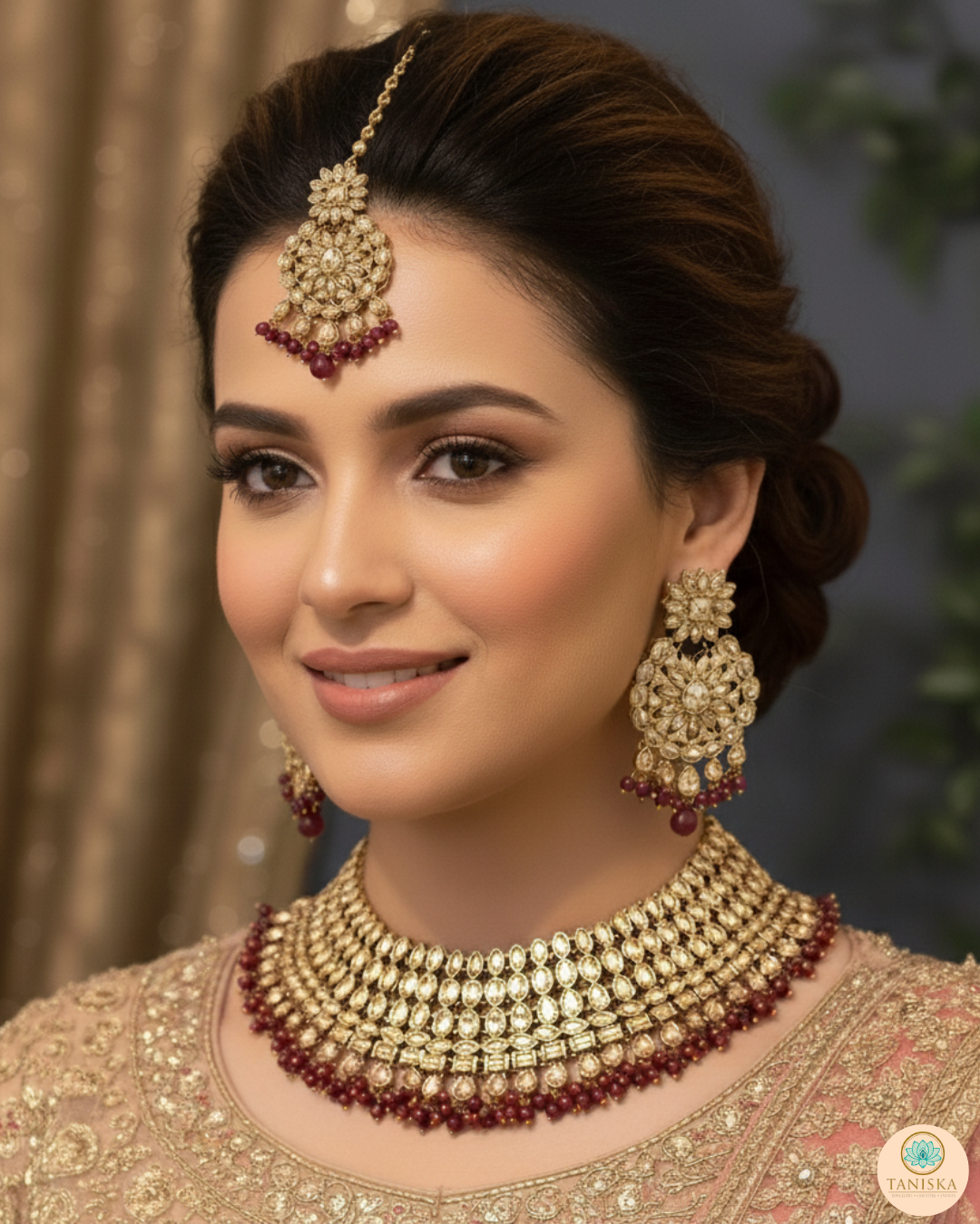 Pearly Antique Gold Necklace Set (Necklace, Earrings, Tikka) - Golden / Deep Red