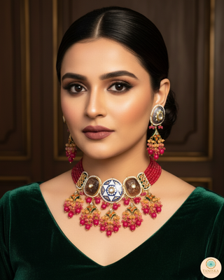 ZOYA Pink/Orange Combo Kundan Necklace Set