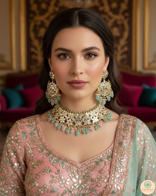 Pearly Antique Gold Necklace Set (Necklace, Earrings, Tikka) - Golden / Pink / Mint
