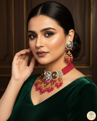 ZOYA Pink/Orange Combo Kundan Necklace Set
