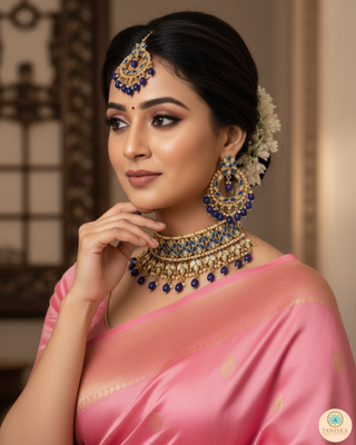 Pearly Antique Gold Necklace Set (Necklace, Earrings, Tikka) - Golden / Blue