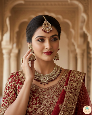 Maroon Traditional Necklace Set - Antique Gold