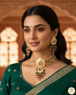 MRINAL Traditional Kundan Necklace Set - Peach