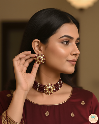 Victorian Traditional Kundan Necklace Set - Maroon