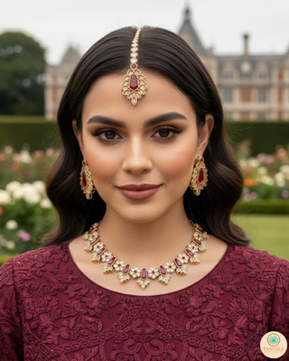 Ruby Traditional Necklace Set - Antique Gold