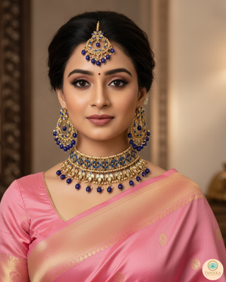 Pearly Antique Gold Necklace Set (Necklace, Earrings, Tikka) - Golden / Blue