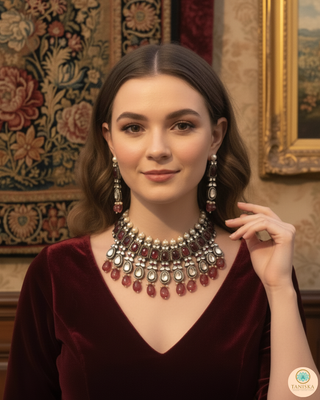 Kundan Necklace Set (Necklace, Earrings) - Golden / Ruby (Limited Edition)