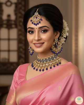 Pearly Antique Gold Necklace Set (Necklace, Earrings, Tikka) - Golden / Blue
