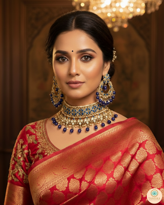 Pearly Antique Gold Necklace Set (Necklace, Earrings, Tikka) - Golden / Blue