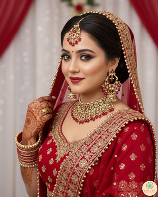 Pearly Antique Gold Necklace Set (Necklace, Earrings, Tikka) - Golden / Red