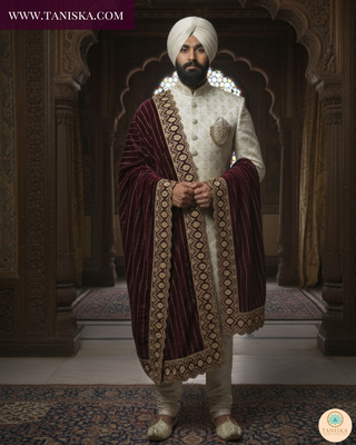 The Majesty Plum | Striped Velvet Zardosi Groom’s Shawl