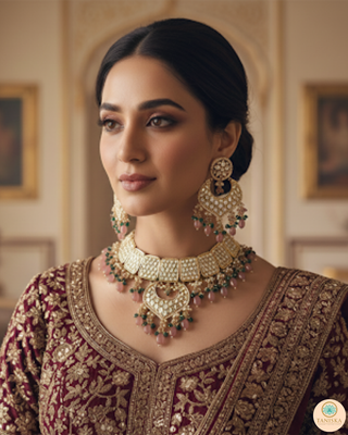 MEHAR Designer Bottle Green/Peach Kundan Necklace Set