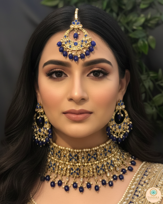 Pearly Antique Gold Double Choker Necklace Set (Necklace, Earrings, Tikka) - Golden / Royal Blue