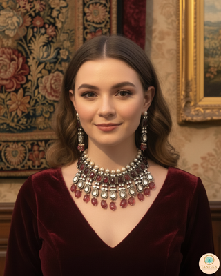 Kundan Necklace Set (Necklace, Earrings) - Golden / Ruby (Limited Edition)
