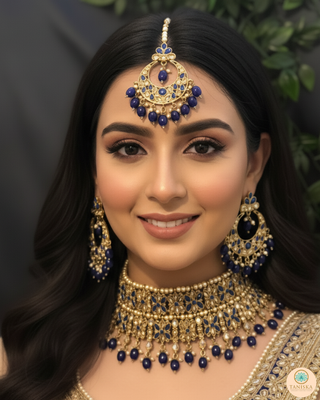 Pearly Antique Gold Double Choker Necklace Set (Necklace, Earrings, Tikka) - Golden / Royal Blue