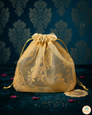 1 Golden Multi-Purpose DORI RUMAL (Gift Bag, Thaal Cover, Potli Bag - Perfect for: Indian Wedding, Shagan Ceremony, Chunni Charhana, Bridal Shower, Baby Shower, Maiyan, Weddings, Favors, Shaadi, Walima)