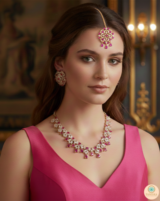 American Diamond Style Necklace Set - Rose Gold/Hot Pink