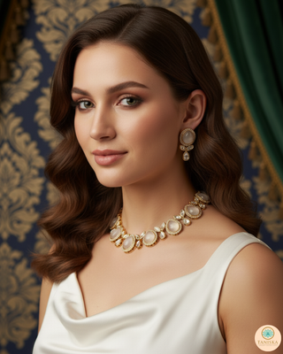 White Kundan Traditional Necklace Set - Antique Gold