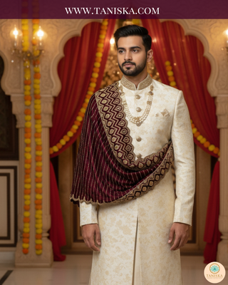The Majesty Plum | Striped Velvet Zardosi Groom’s Shawl
