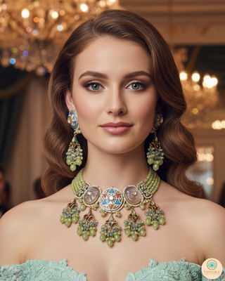 ZOYA Mint/Turquoise/Grey Combo Kundan Necklace Set