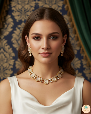 White Kundan Traditional Necklace Set - Antique Gold