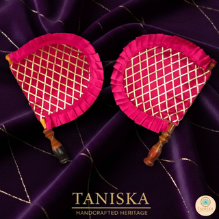 Hot Pink Cross Stripes Punjabi Pakhi (Hand Fans) - Pack of 2