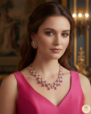American Diamond Style Necklace Set - Rose Gold/Hot Pink