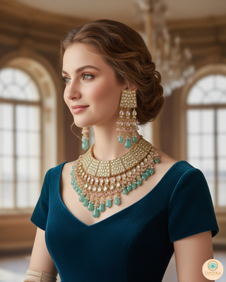 HEER Designer Mint/Baby Pink Kundan Necklace Set