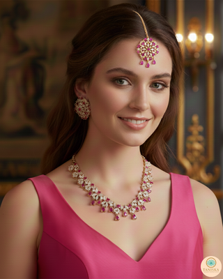 American Diamond Style Necklace Set - Rose Gold/Hot Pink