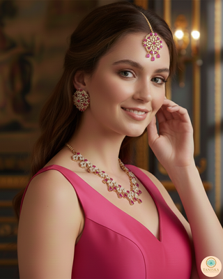 American Diamond Style Necklace Set - Rose Gold/Hot Pink