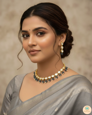 ROYAL Kundan Necklace Set - Charcoal Grey (with Meenakari)