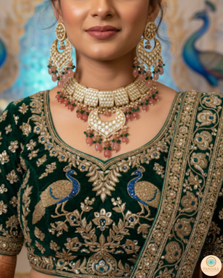 MEHAR Designer Bottle Green/Peach Kundan Necklace Set