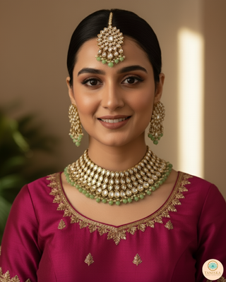 Pearly Antique Gold Necklace Set (Necklace, Earrings, Tikka) - Gold / Mint