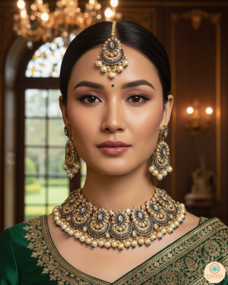 Pearly Antique Gold Necklace Set (Necklace, Earrings, Tikka) - Golden / Blue
