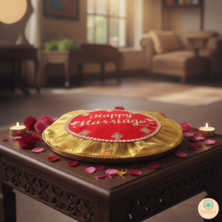 "Happy Marriage" - 1 Red Multi-Purpose DORI RUMAL (Gift Bag, Thaal Cover, Potli Bag - Perfect for: Indian Wedding, Shagan Ceremony, Chunni Charhana, Bridal Shower, Baby Shower, Maiyan, Weddings, Favors, Shaadi, Walima)