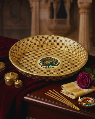 Handcrafted Meenakari Choora Bowl | Traditional Peacock Design Wedding Ritual Bowl | 15.5cm Gold Enamel Bowl