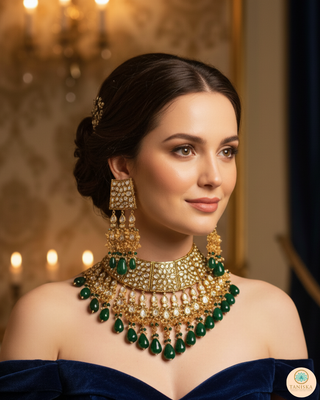 HEER Designer Bottle Green/Orange Kundan Necklace Set