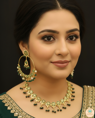 Emerald Green Traditional Punjabi Necklace Set - Gold Plated (Jadau)