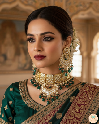 MEHAR Designer Bottle Green/Peach Kundan Necklace Set