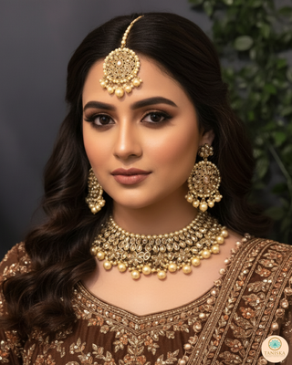 Pearly Antique Gold Necklace Set (Necklace, Earrings, Tikka) - Golden