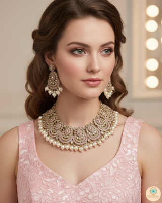 Pearly Antique Gold Necklace Set (Necklace, Earrings, Tikka) - Golden / Baby Pink