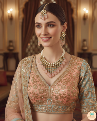 MISHA Kundan Necklace Set (Peach, Sky Blue Combo)