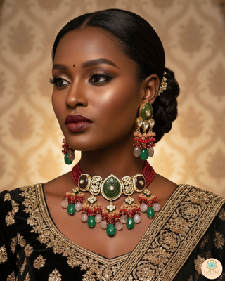 ZOYA Emerald/Red/Peach Combo Kundan Necklace Set